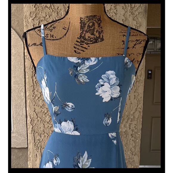 Lulus Feeling Elegant Slate Blue Floral Print Lace-Up Slit Maxi Dress Size S - Picture 2 of 7